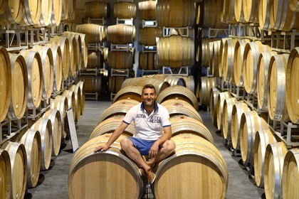 France, Loire, Parc Naturel Regional du Pilat (Natural Regional Park of Pilat), the domaine du Monteillet Stephane Montez, Stephane Montez in his wine cave