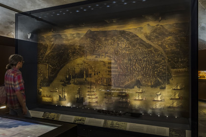 Italie, Ligurie, Gênes, Porto Antico (Vieux Port), Galata Museo del Mare (MUMA), musée consacré au monde maritime, vue générale de la ville de Gênes en 1481