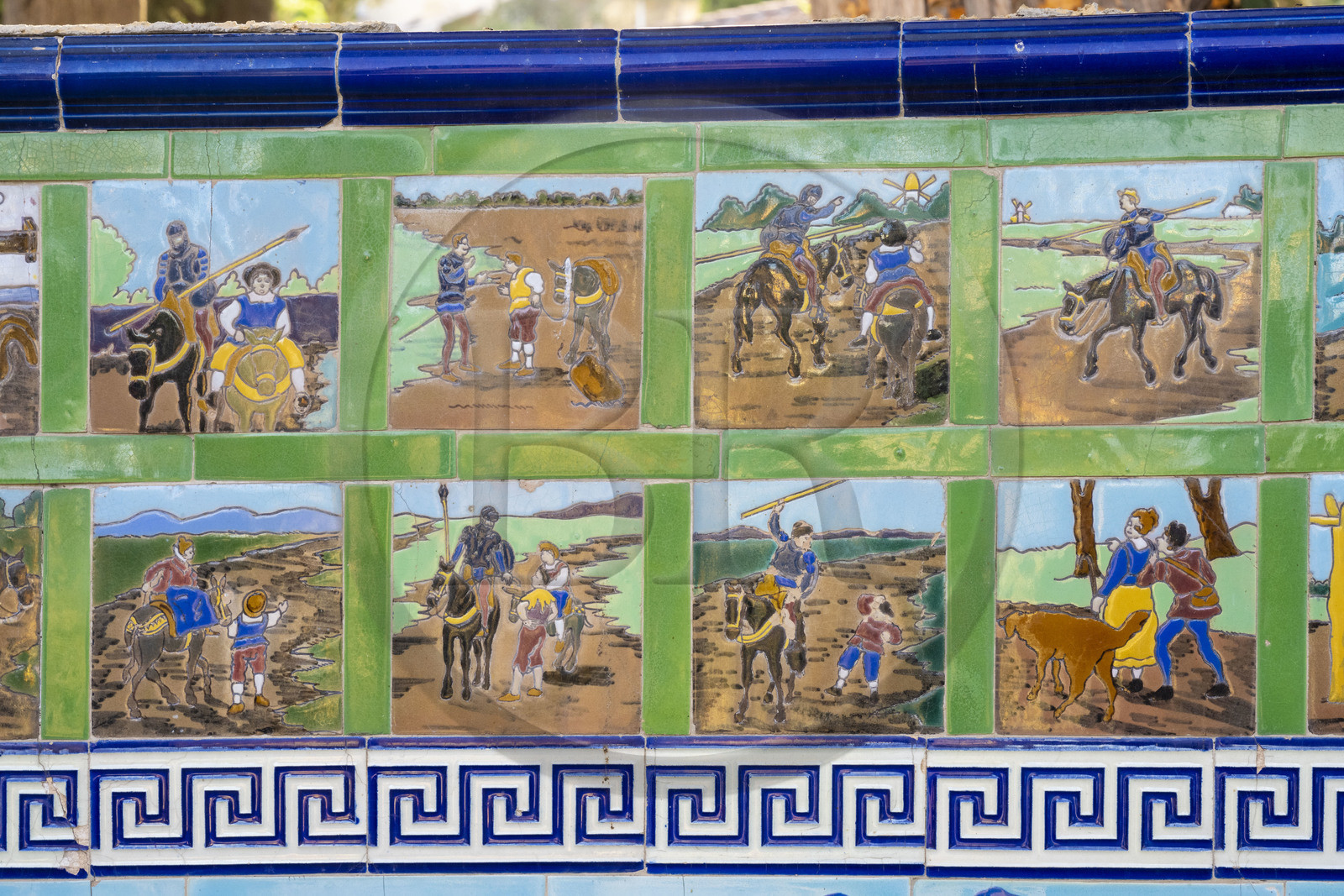 France, Alpes-Maritimes, Menton, Fontana Rosa Garden, Cervantes rotunda, ceramic tiles decorated benches depicting Don Quixote's adventures