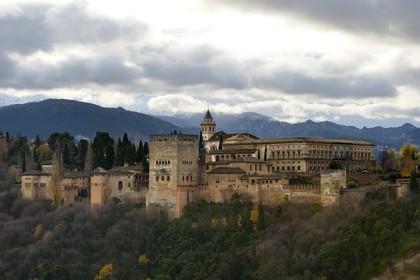Spain, Andalusia, Granada, Alhambra, listed as World Heritage by UNESCO, and the Sierra Nevada mountains