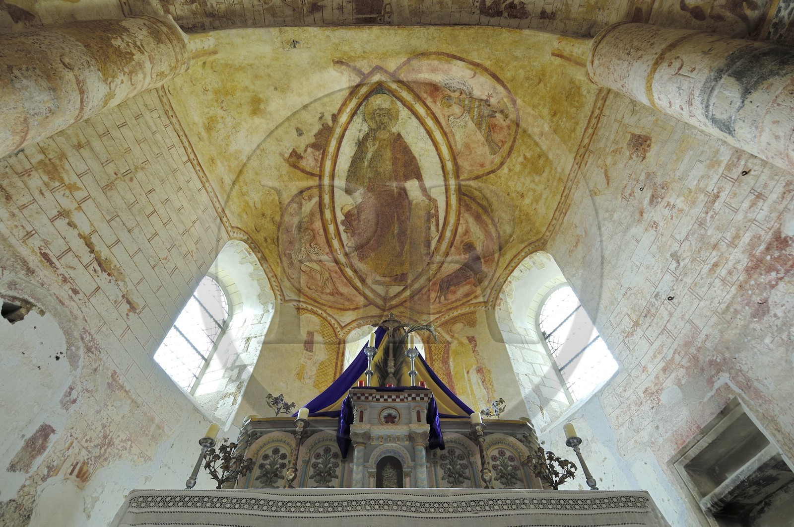 France, Loir et Cher, Lavardin, labelled Les Plus Beaux Villages de France (The Most Beautiful Villages of France), St Genest Church in Romanesque style of the 11 th century, fresco of the choir, Christ in Majesty