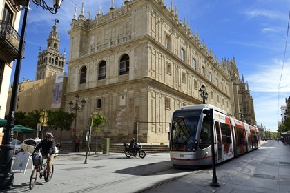Spain, Andalusia, Seville, tramway on the avenida de la Constitucion and the Giralda in the background