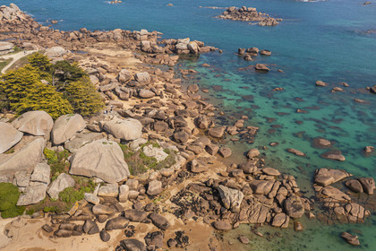 France, Côtes-d'Armor (22), Côte de Granit Rose, Trégastel, Ile Renote, le chaos granitique émerge de la plage à marée basse (vue aérienne)