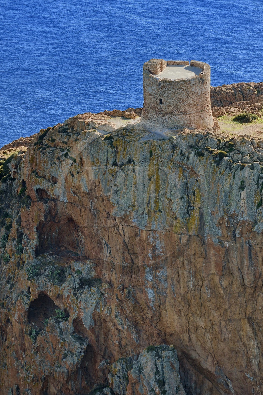 France, Corse du Sud, Golfe de Porto, listed as World Heritage by UNESCO, the Capo Rosso and the Genovese Tower of Turghiu (Turghio) in the background (aerial view)