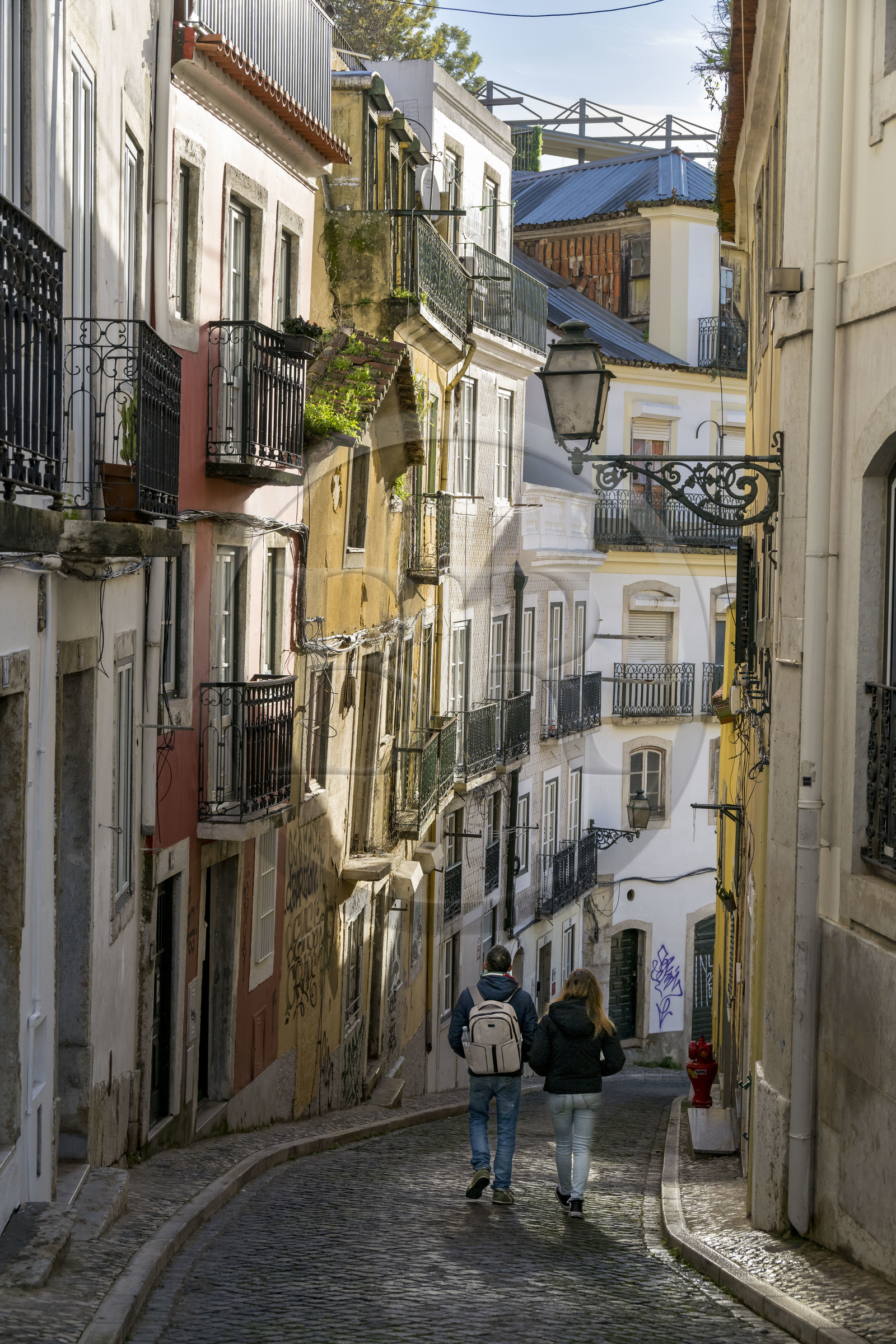 Portugal, Lisbonne, quartier du Miradouro de Santa Catarina dans les hauteurs du quartier de Bica, rue en pente