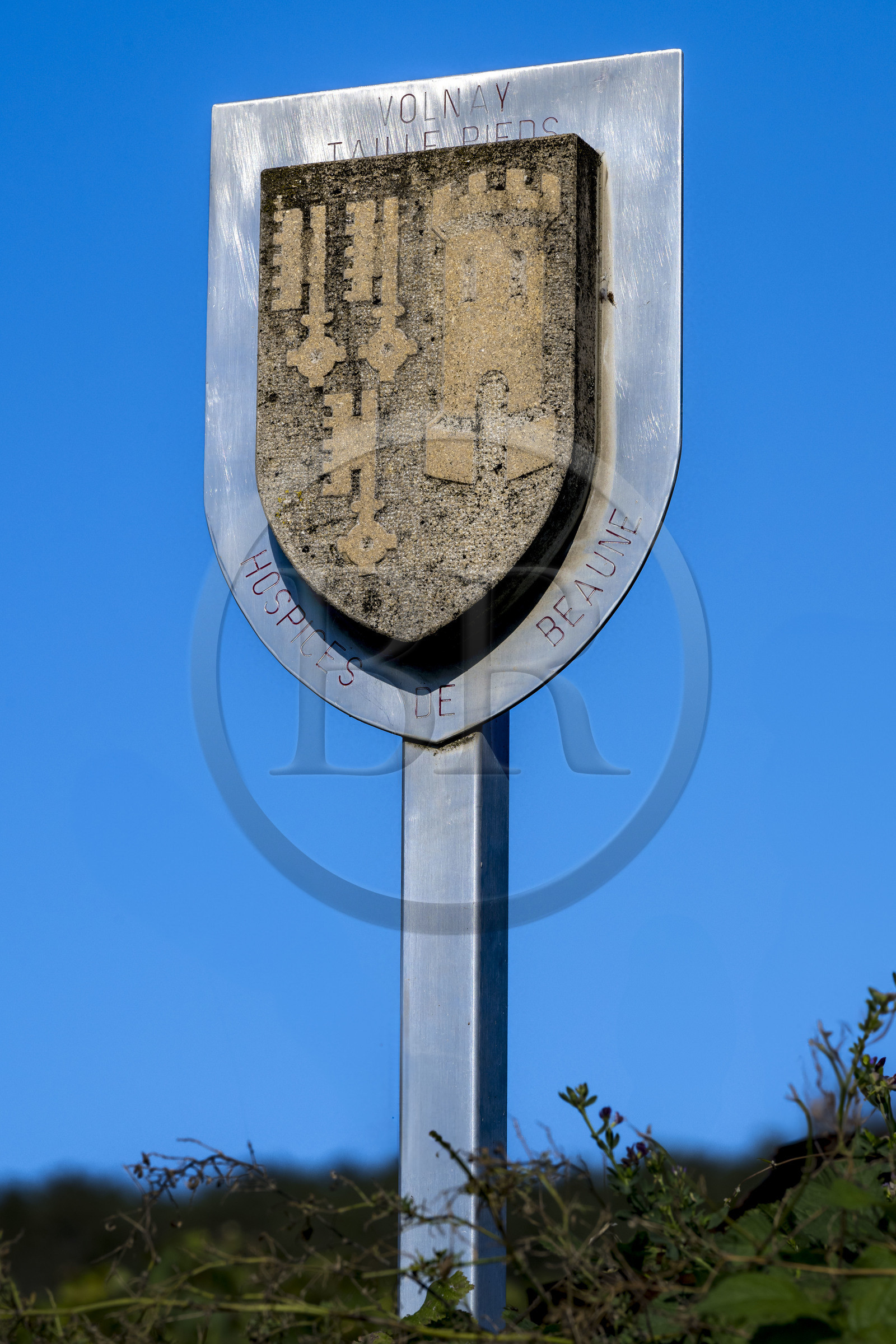 France, Côte-d'Or (21), les climats de Bourgogne classés Patrimoine Mondial de l'UNESCO, Côte de Beaune, Volnay, parcelle de Taille-Pieds appartenant aux Hospices de Beaune, bornes de délimitation en forme d’écu aux armes de Nicolas Rolin et Guigone de Salins : trois clés et une tour