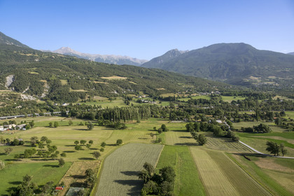 France, Hautes Alpes, Embrun, view of the Durance river valley and the mountains to the south of the town from the Promenade du bord du Roc on the ramparts