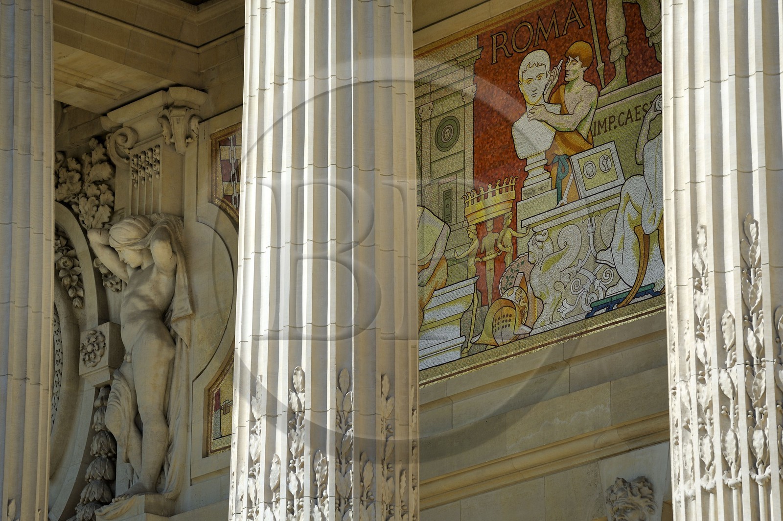 France, Paris, Grand Palais, detail of inside friezes of the peristyle of the main facade designed by Henri Deglane