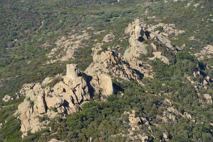 France, Corse du Sud, Cala de Roccapina natural site, Roccapina genoese tower and Lion rock (aerial view)