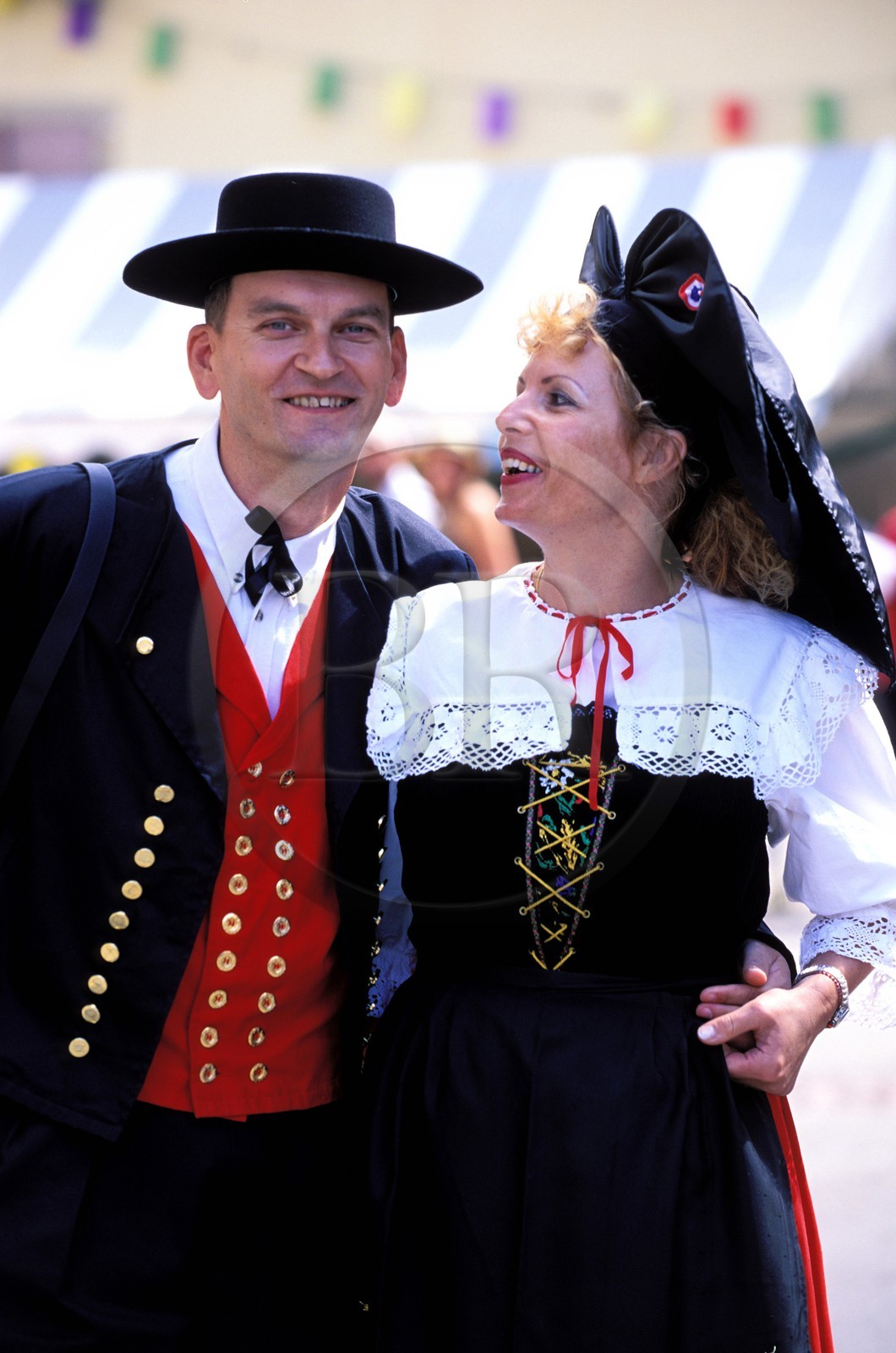 France, Haut Rhin, Eguisheim village, labelled Les Plus Beaux Villages de France (The Most Beautiful Villages of France), wine celebration, Alsatian couple in costume
