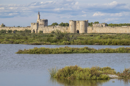 France, Gard, Aigues Mortes, the medieval town surrounded by its ramparts on the edge of the salt marshes (Salins du Midi)