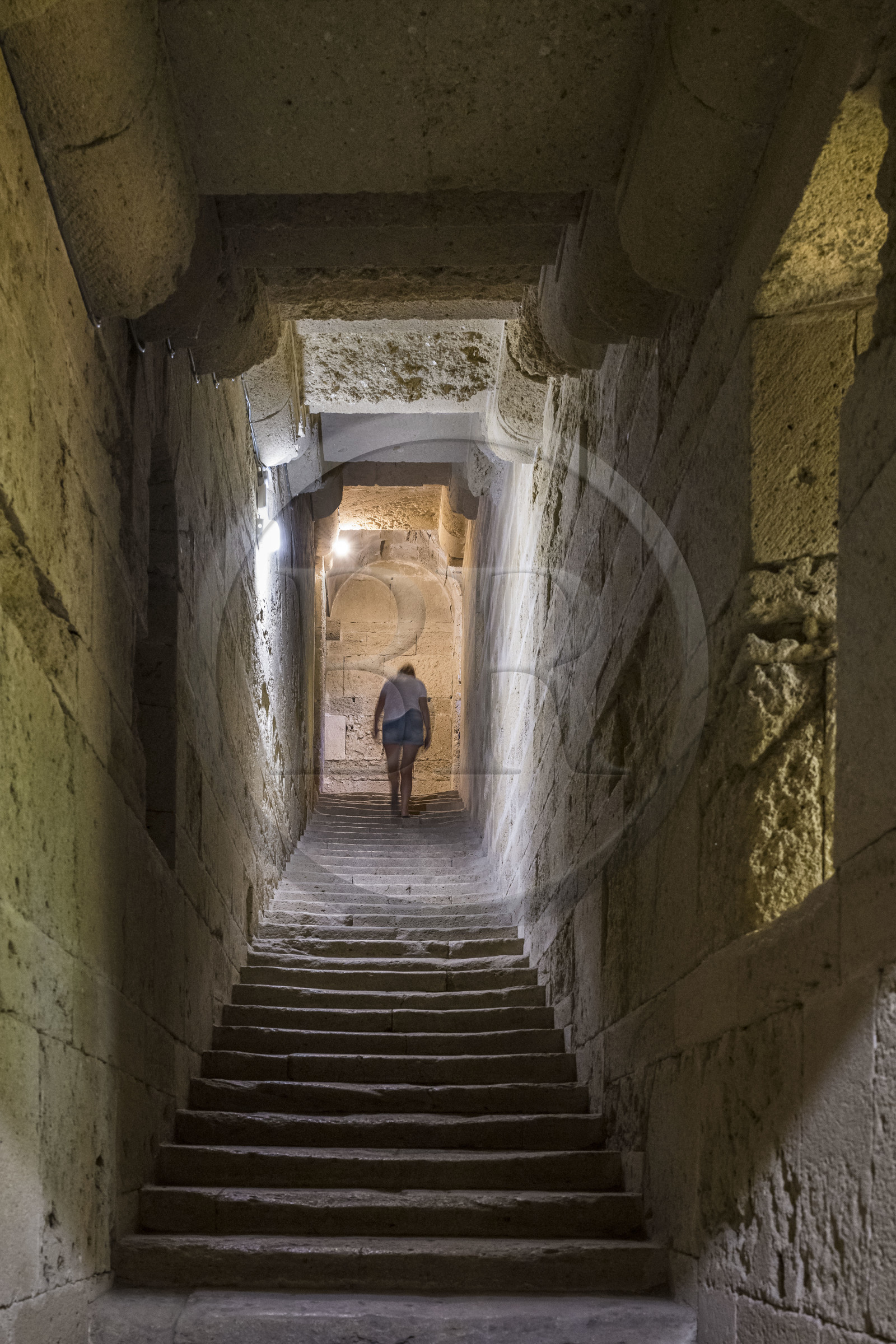 France, Hérault (34), Villeneuve-lès-Maguelone (Palavas-Les-Flots), cathédrale Saint-Pierre-et-Saint-Paul de Maguelone des XIIème et XIIIème siècles, escalier dans l'épaisseur du mur menant à la Tribune