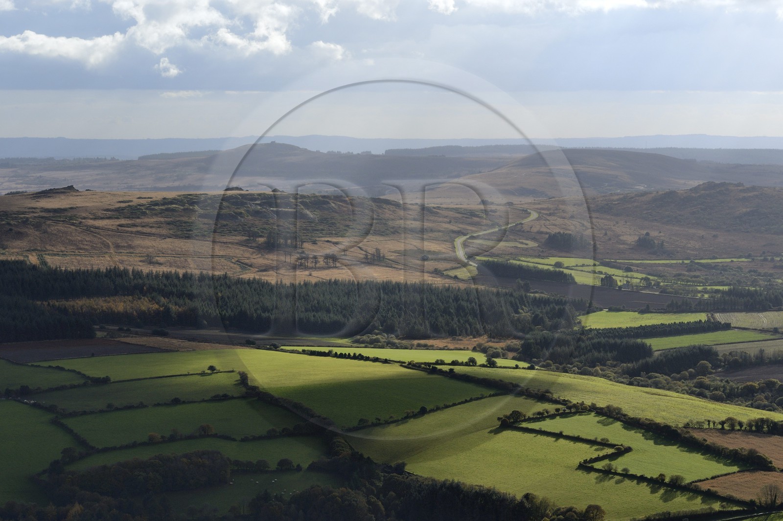 France, Finistère (29), parc naturel régional d'Armorique, Monts d'Arrée, la chapelle Saint Michel au sommet du Menez Mikaël en arrière plan (vue aérienne)