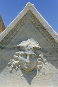 Israel, Haifa District, Caesarea (Caesarea Maritima), ruins of Caesarea, sarcophagus lid decorated at both ends by mythological Gordon heads