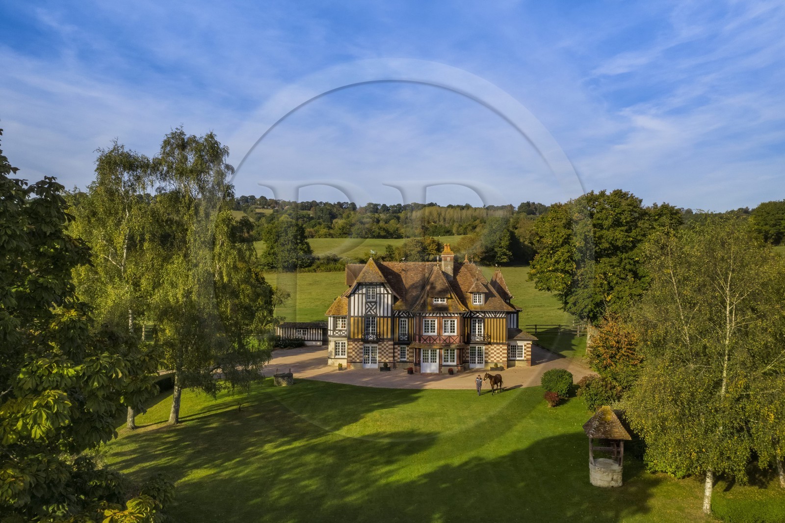 France, Calvados (14), Pays d'Auge, Beuvron-en-Auge, labellisé Les Plus Beaux Villages de France, manoir du Haras de Sens, le cheval Gold de Padd (fils de l'étalon Ready Cash) tenu par le stud groom Dominique Blachet (vue aérienne)