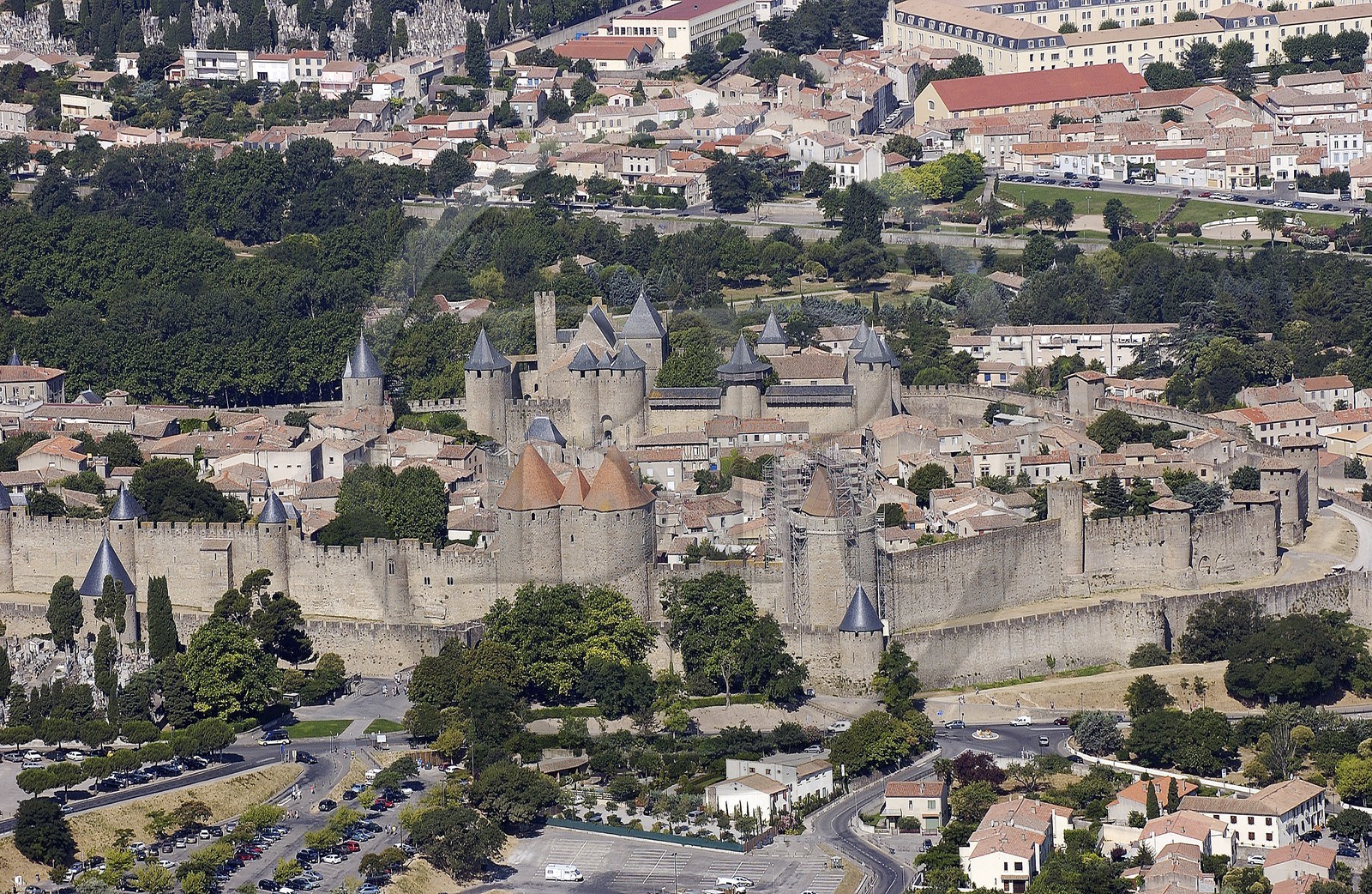 France, Aude, Carcassonne, medieval city (aerial view)