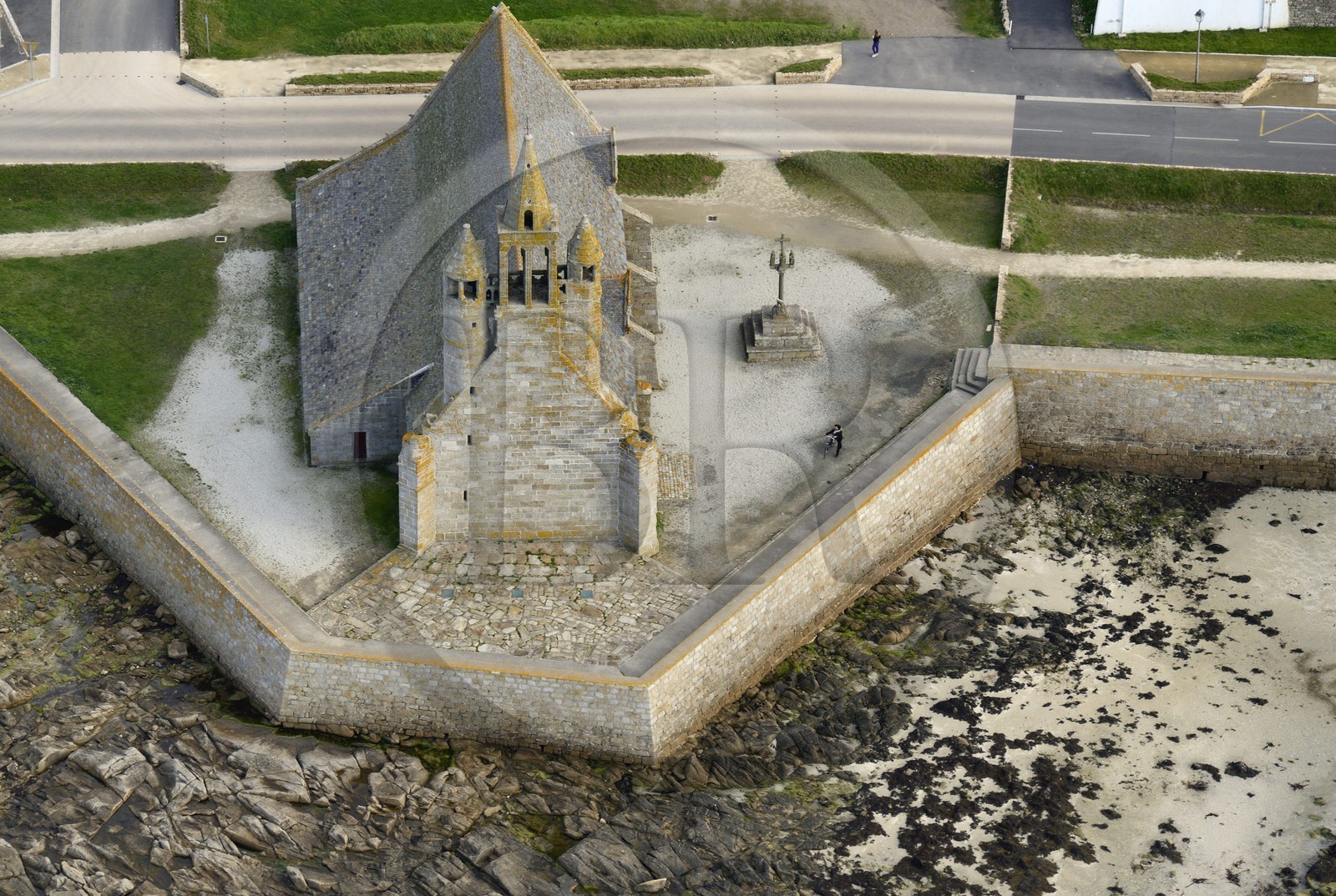 France, Finistere, Penmarc'h, Notre Dame de la Joie, dominated by his chapel belfry supported by two towers (aerial view)