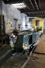 France, Moselle, Abreschviller, small train formerly forest train, old car turned into Draisine Hotchkiss built by the network in 1930 to transport workers