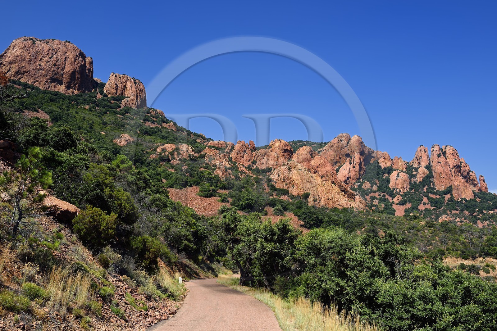 France, Var (83), Agay commune de Saint-Raphaël, massif de l'Estérel, Massif du Cap Roux, ancienne route départementale fermée à la circulation qui passe sous le Saint-Pilon