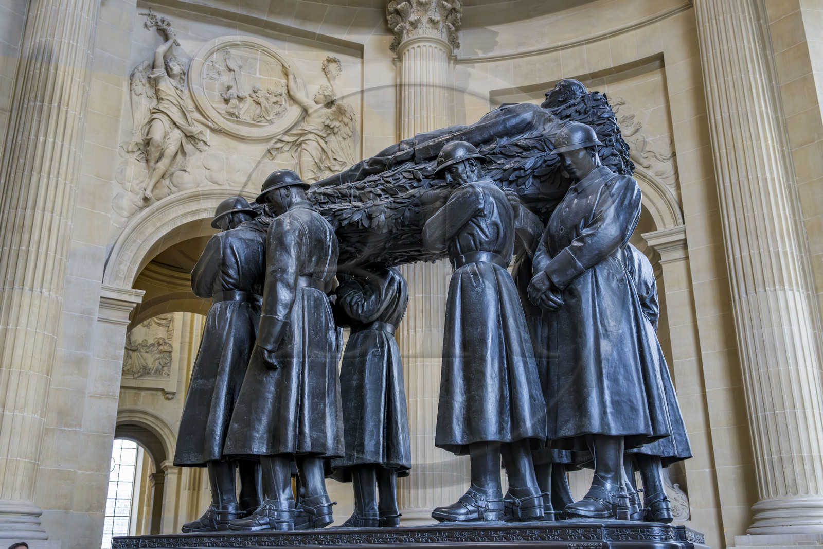 France, Paris, Hotel des Invalides, Army Museum, the Saint-Louis-des-Invalides Cathedral, the military pantheon, the dome of Les Invalides, bronze tomb of Marshal of France Ferdinand Foch in the Saint-Ambroise chapel, group of soldiers symbolically carrying the body of Marshal Foch, work by the sculptor Paul Landowski