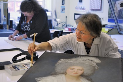 France, Yvelines, Chateau de Versailles, the castle restoration workshop, drawing and engraving workshop, Genevieve Pobeba restoring the portrait of Mrs Campan (reader of Queen Marie Antoinette) by J.Boze