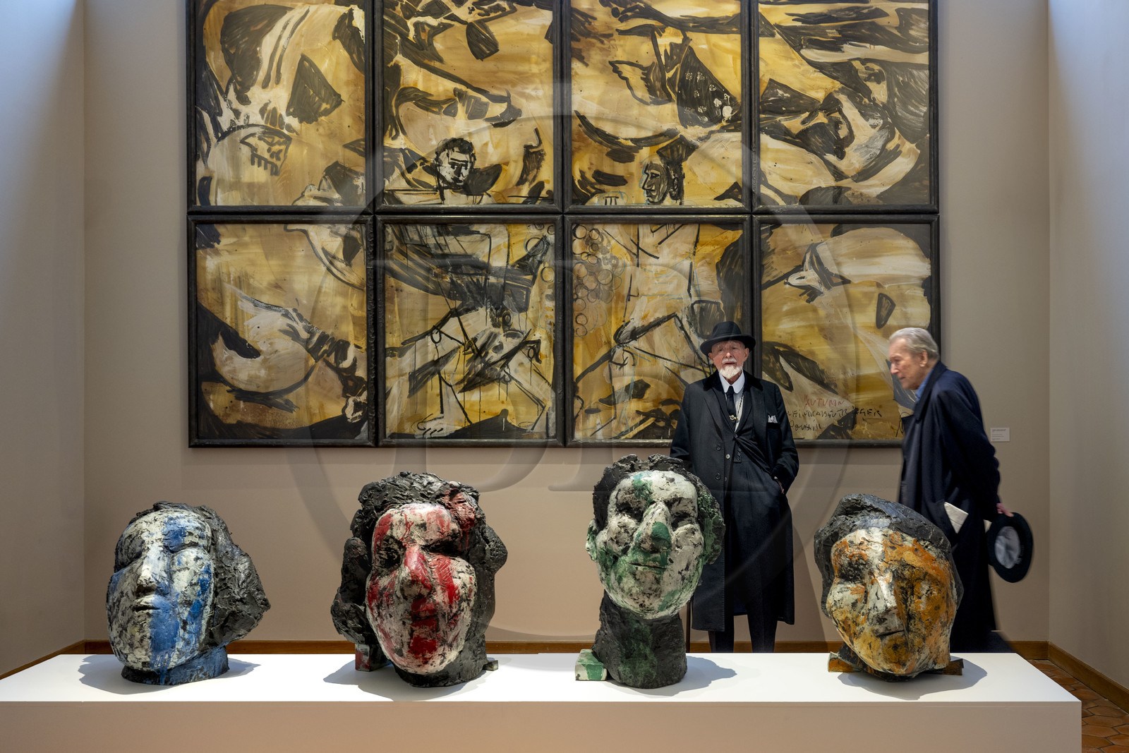 France, Paris, Musée Maillol art museum, German painter and sculptor Markus Lüpertz during his exhibition in dialogue with the work of Aristide Maillol, his gallerist Michael Werner on his right, painted bronzes and mixed media on paper