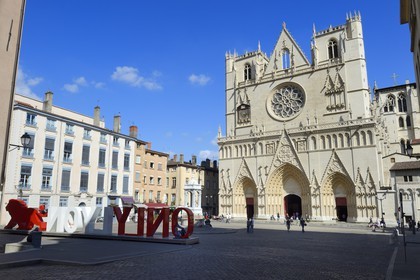 France, Rhone, Lyon, historical site listed as World Heritage by UNESCO, Vieux Lyon (Old Town), in Place St Jean under the Notre Dame de Fourviere Basilica, OnlyLyon is the aglomeration Communication label
