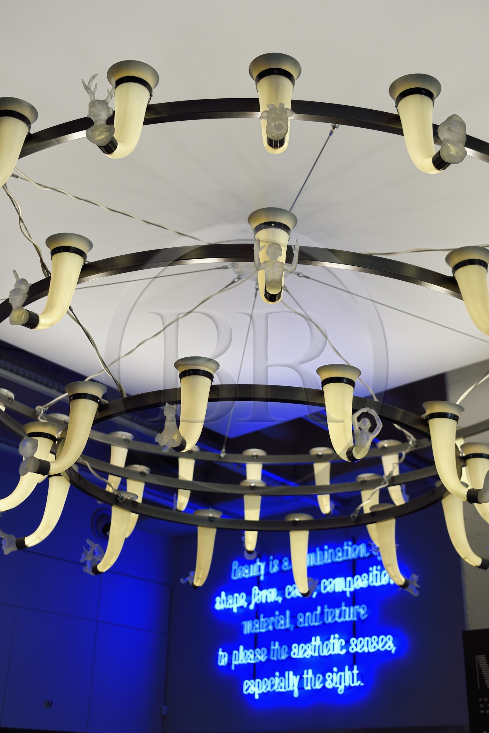 France, Charente, Cognac, Fondation d’Entreprise Martell, multidisciplinary cultural institution (art, design and craft, architecture, music, dance ...), chandelier Shine a Light by artist Nathalie Talec in the lobby (detail)