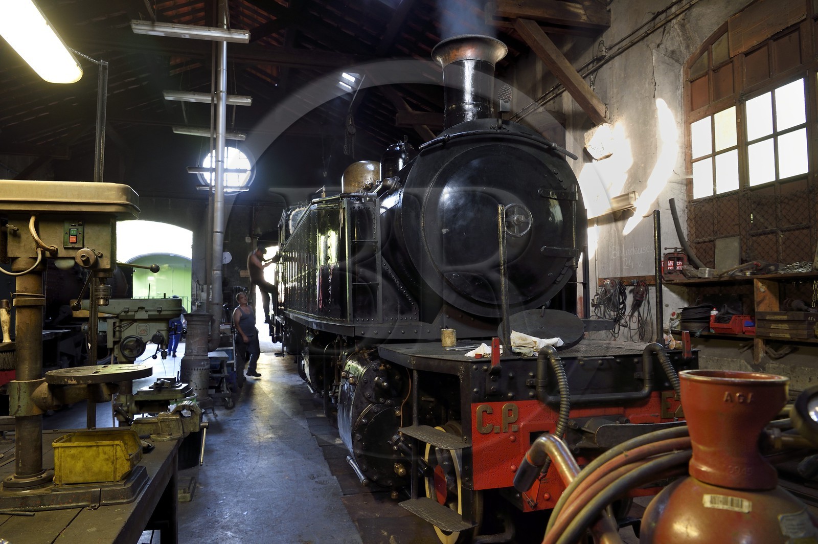 France, Alpes-Maritimes, Puget Theniers, the Train des Pignes, steam engine warming up in the maintenance workshop at the motive power depot