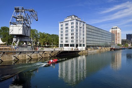 France, Bas Rhin, Strasbourg, development of port du Rhin (Rhine's harbour) and conversion of breakwater of Bassin d'Austerlitz, the Andre Malraux media library on the Malraux peninsula