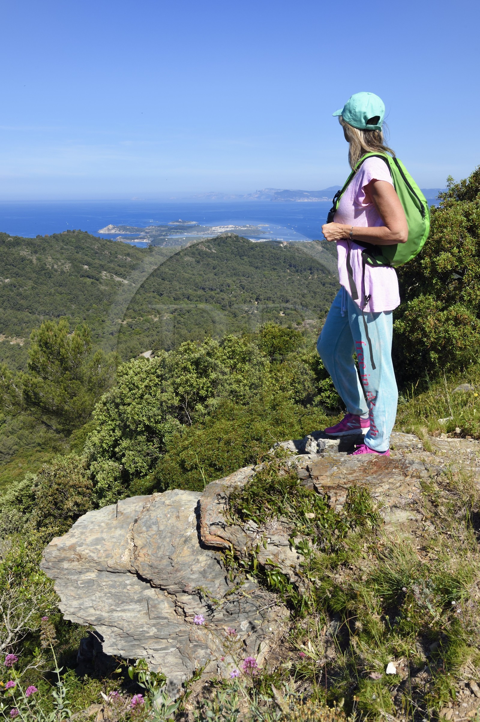 France, Var, Six Fours les Plages, hike in the Cap Sicie massif towards Notre-Dame du Mai chapel, Ile des Embiez in the background