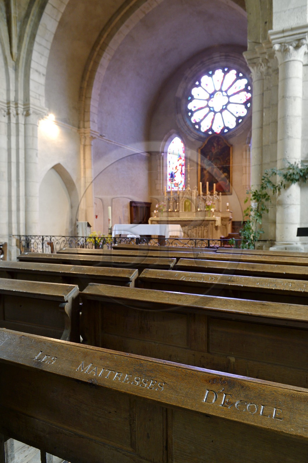 France, Meurthe-et-Moselle, Liverdun, Saint Peter Church, schoolteacher bench