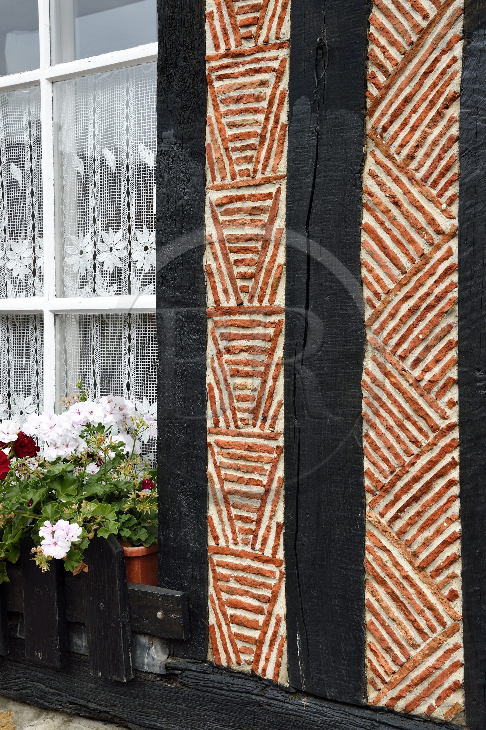 France, Calvados (14), Pays d'Auge, Beuvron-en-Auge, labellisé Les Plus Beaux Villages de France, maison à pans de bois et à briques essantées (détail)