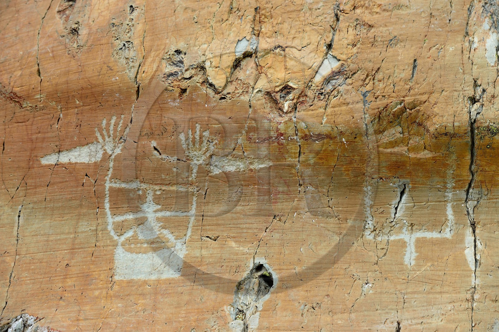 France, Alpes-Maritimes, parc national du Mercantour (Mercantour National Park), the Vallee des Merveilles (Valley of Wonders) scattered with thousands of rupestral engravings of the Bronze Age, hornlike anthropomorphized figure engraved on the so called rock of The Sorcerer on the chiappes yellow schist flagstones