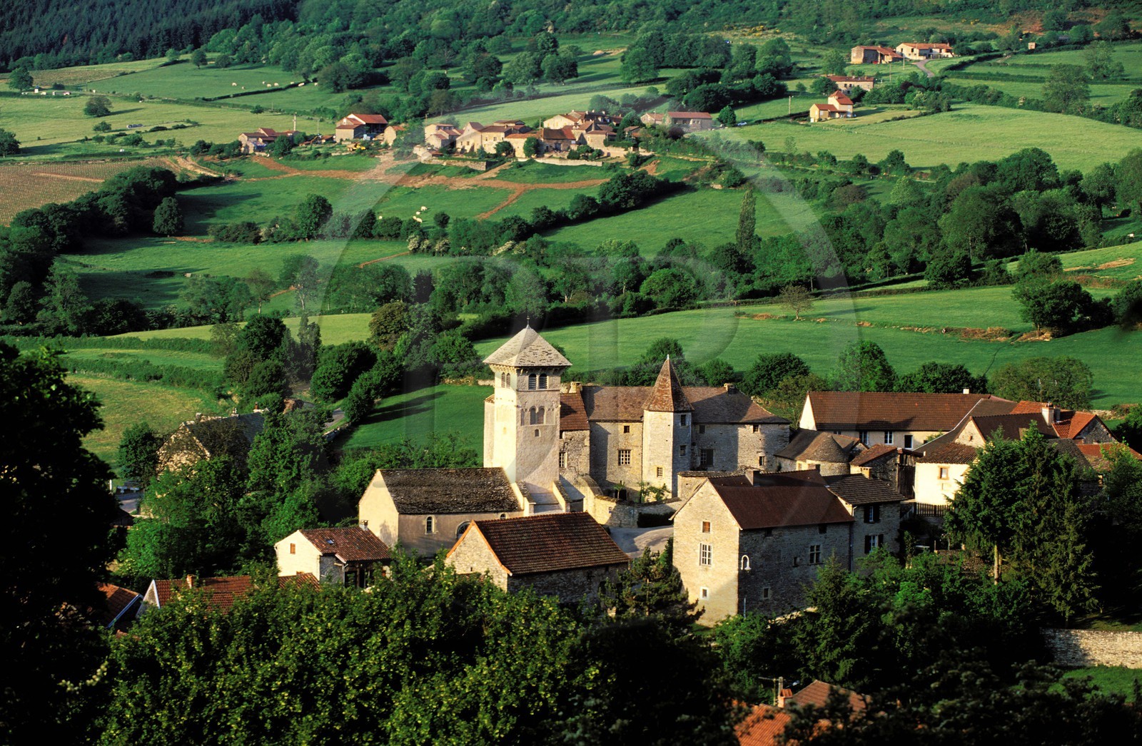 France, Saone et Loire, Blanot village, former priory adjoining the church with the overedging bell tower roofs