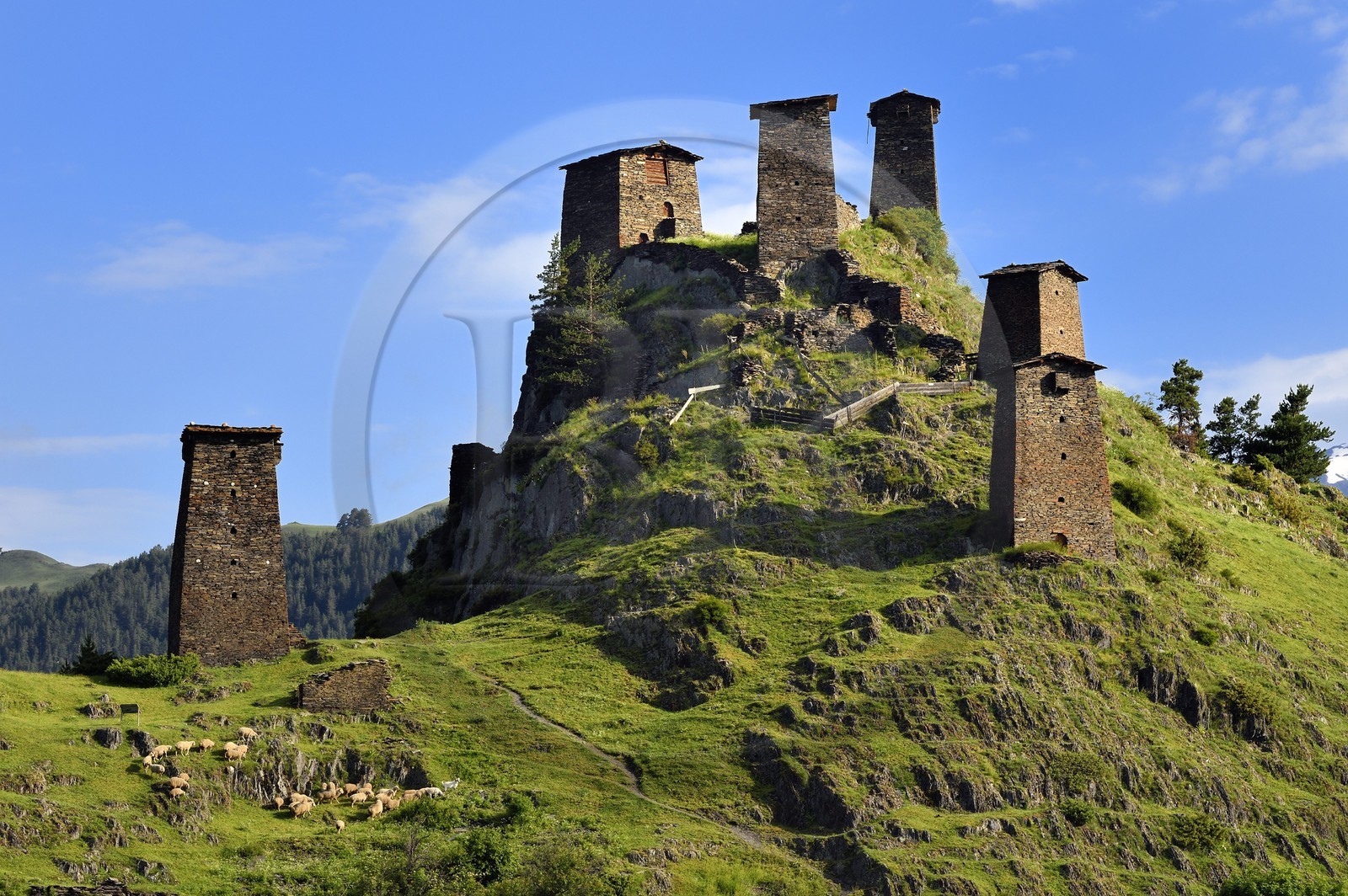 Géorgie, Kakheti, Parc national de Touchétie, Omalo, la forteresse de Keselo de Zemo (haut) Omalo a servi de refuge aux habitants en temps de guerre, tours fortifiées médiévales