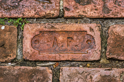 France, French Guiana, Kourou, Salvation Islands (Iles du Salut), Royal Island, brick stamped with the letters AP for prison administration made by the prisoners of the penal colony
