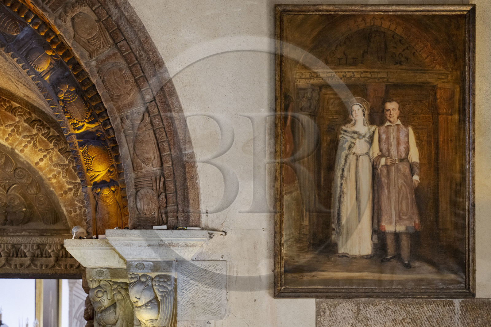 France, Alpes-Maritimes, Mandelieu La Napoule, castle of La Napoule (12th-19th century) largely rebuilt at the start of the 20th century by the American couple Henry and Marie Clews, it now houses the Clews Center for the Arts, painting depicting them in medieval costumes