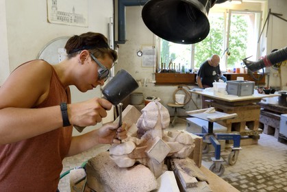 Germany, Baden-Wurttemberg, Freiburg im Breisgau, Mariella stone-cutter at the cathedral workshops