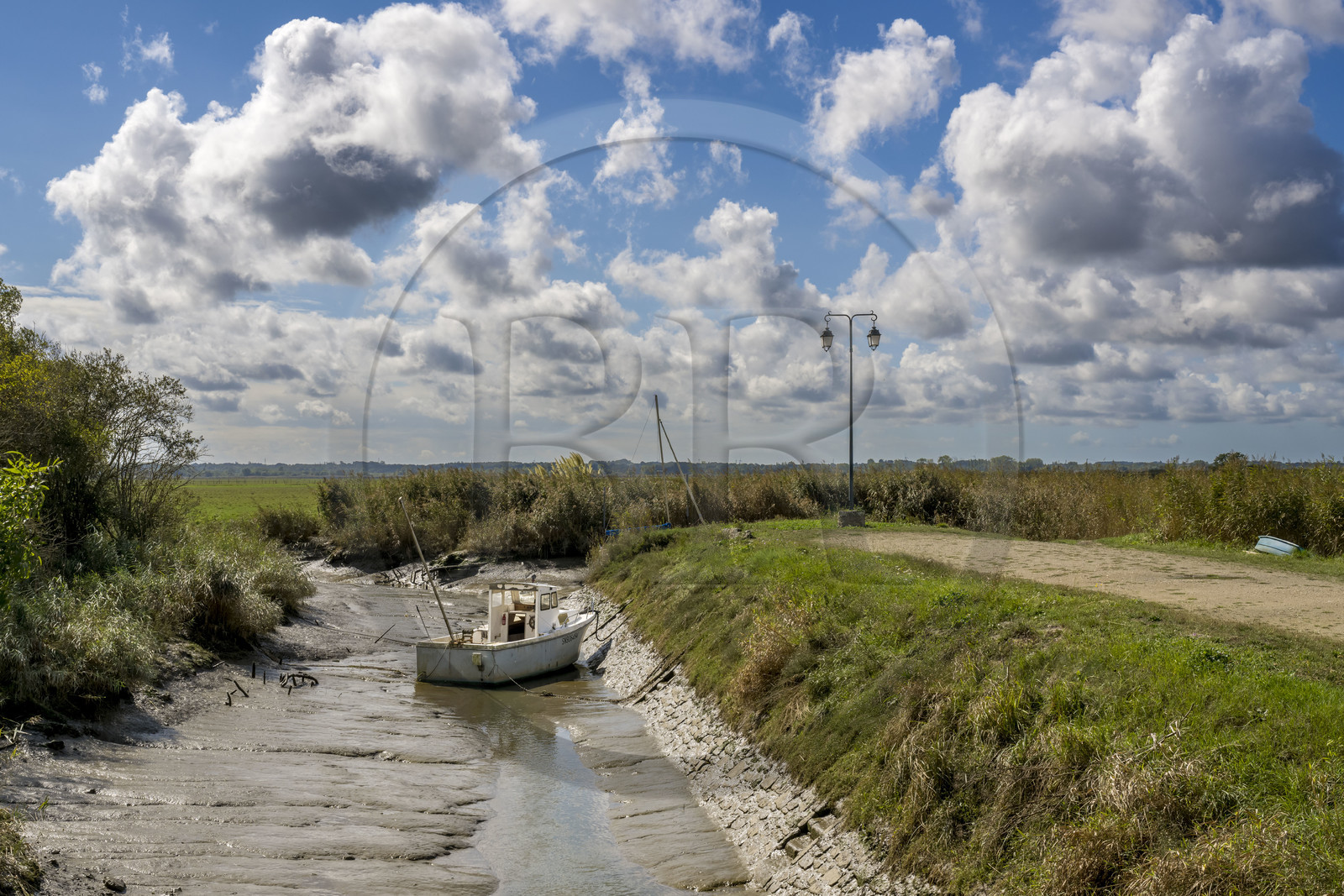 France, Loire-Atlantique (44), Lavau-sur-Loire, bateau de peche dans le port envasé en bordure de l'estuaire de la Loire à marée basse