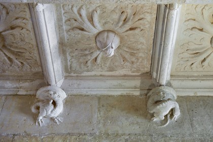 France, Dordogne (24), Périgord Vert, Villars, château de Puyguilhem, plafond à caissons du vestibule du premier étage orné de fleurs de chardons et de salamandres