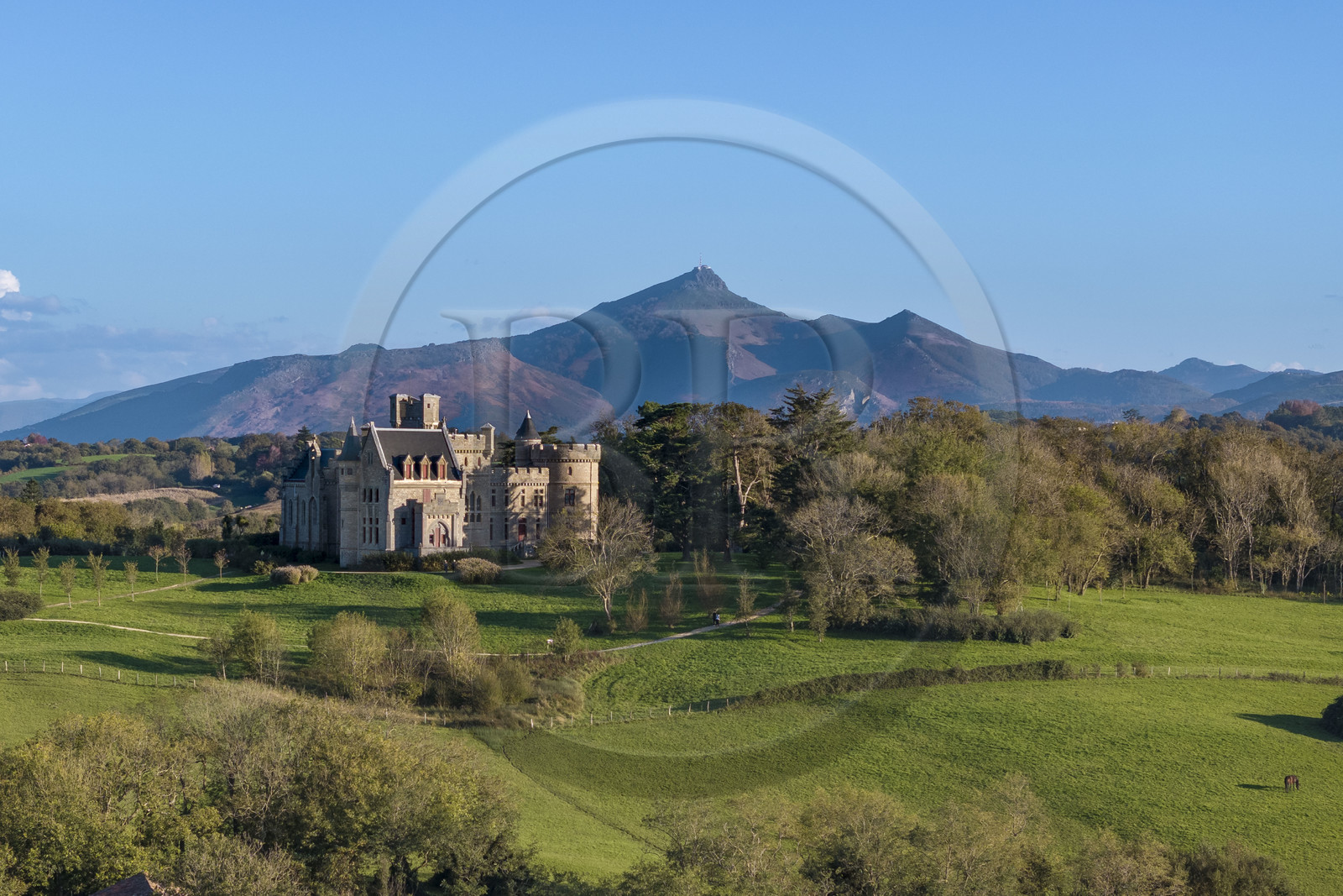 France, Pyrenees Atlantiques, Basque Country coast, Hendaye, Abbadia castle built in 1870 by Eugène Viollet-le-Duc for Antoine d'Abbadie d'Arrast and La Rhune mountain in the background (aerial view)