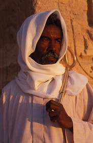 Egypt, Nubia, Abu Simbel, site listed as World Heritage by UNESCO, Nefertari Temple dedicated to Hathor Goddess, guard with the cross of life (ankh), in front of the temple