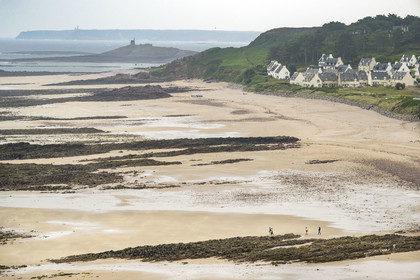 France, Cotes d'Armor, Grand Site de France Cap d'Erquy – Cap Frehel, Erquy, Guen beach and the Saint-Michel chapel in the background