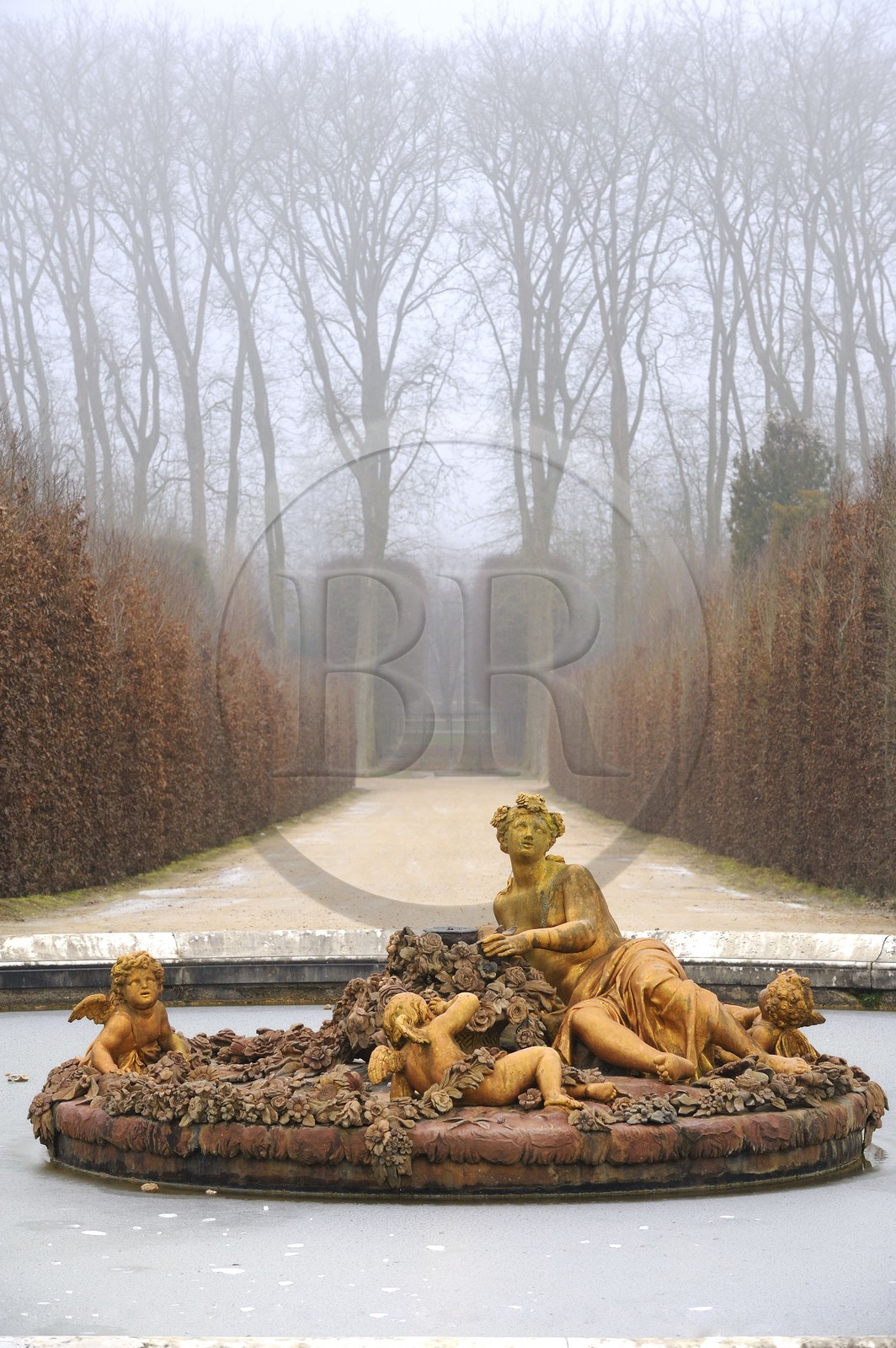 France, Yvelines (78), parc du château de Versailles, classé Patrimoine Mondial de l'UNESCO, bassin de Flore ou du printemps en hiver
