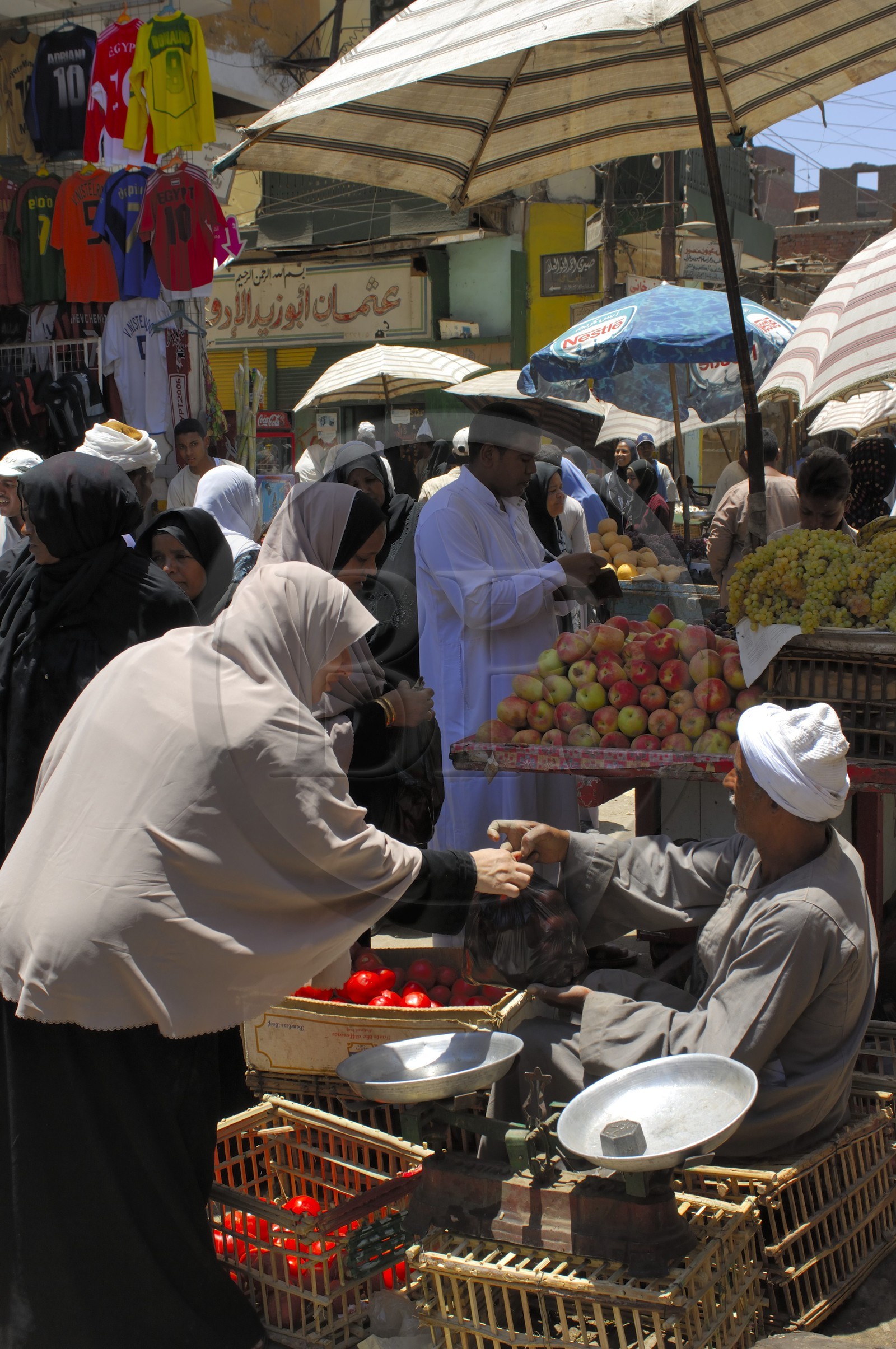 Egypte, Haute Egypte, Nubie, vallée du Nil, Assouan, le souk, étal de fruits et légumes