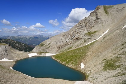 France, Alpes de Haute Provence, Uvernet Fours, Mercantour National Park, Ubaye valley, the Petite Cayolle lake and the Verdon valley in the background