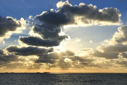 France, Seine Maritime, Le Havre, cargo ships anchored in the Le Havre port waiting area off the coast
