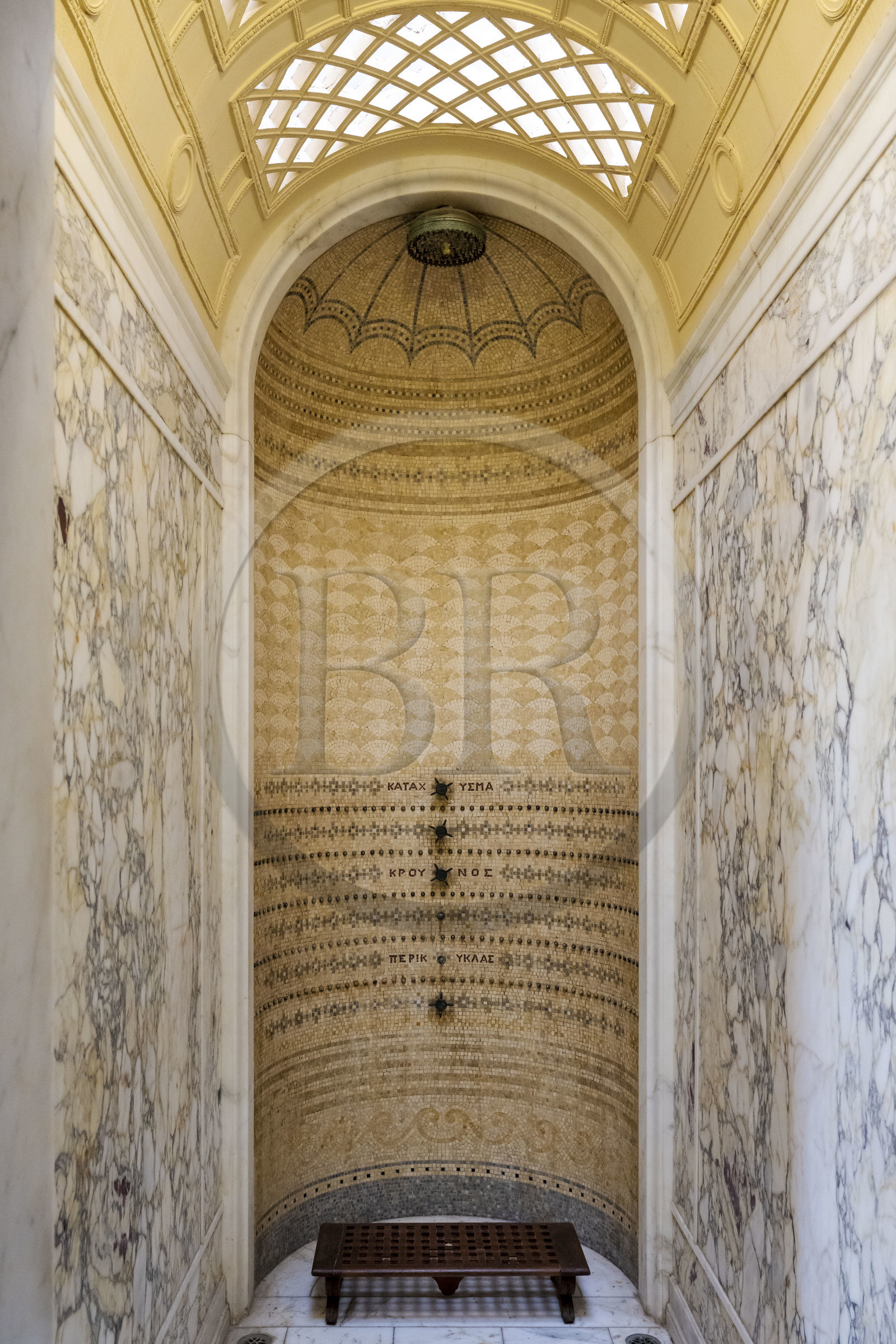 France, Alpes-Maritimes, Beaulieu-sur-Mer, neo-Greek style villa Kerylos build in 1908 by architect Emmanuel Pontremoli, very modern shower for the beginning of the 20th century