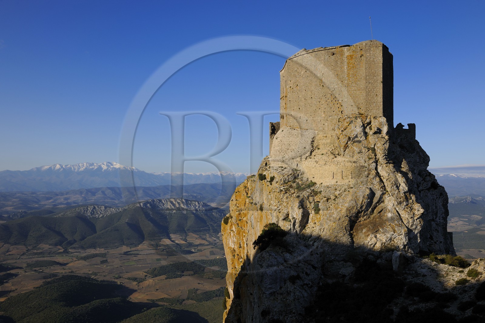 France, Aude, Cathar castle of Queribus, in front of Maury plain and the mount Canigou (2784 m) in the Pyrenees